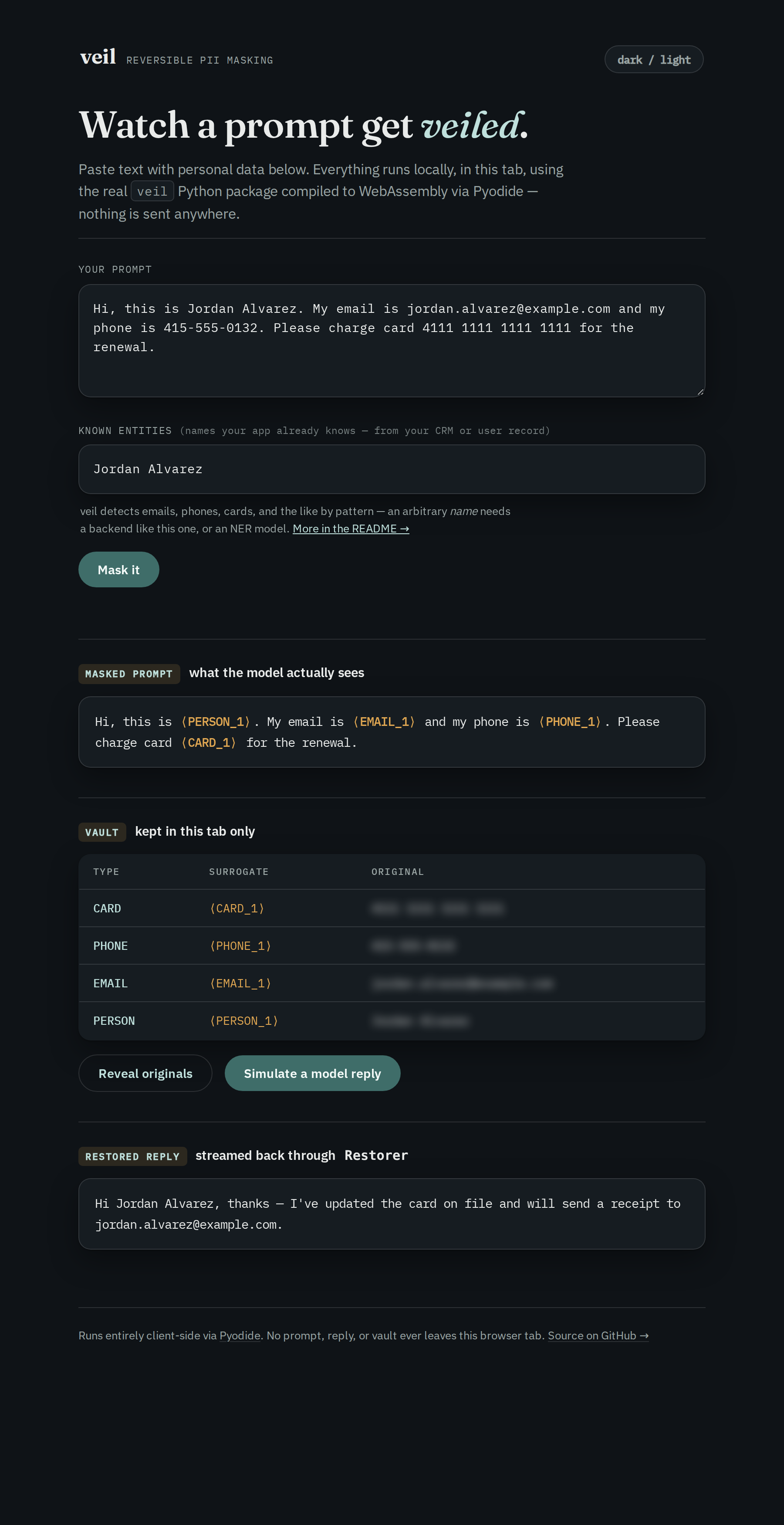 The web demo in dark mode: a Known entities field, masked prompt, and vault