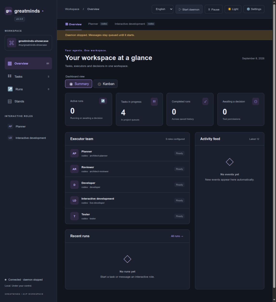 Greatminds web workspace with Summary and Kanban controls