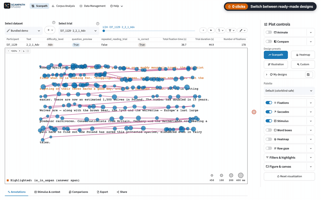 Switching between the Heatmap, Illustration and Scanpath designs