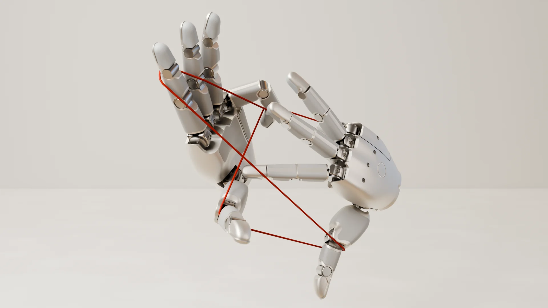 Two Sharpa robot hands holding a red string in a cat's cradle