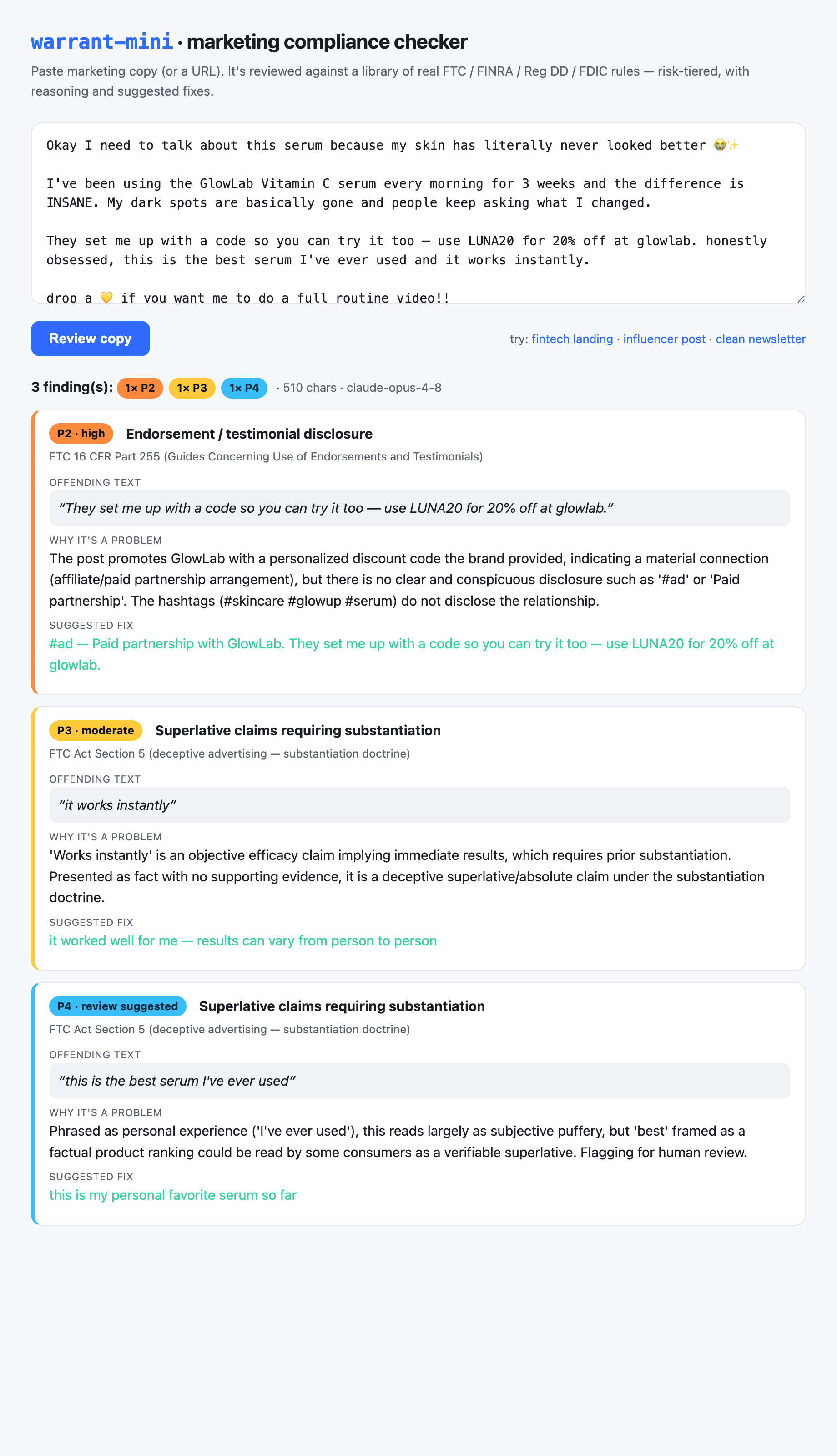 warrant-mini web UI — a reviewed influencer post with risk-tiered findings