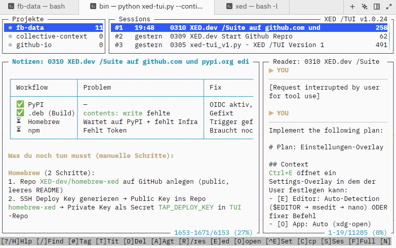 XED /TUI — 4-Panel Session Browser