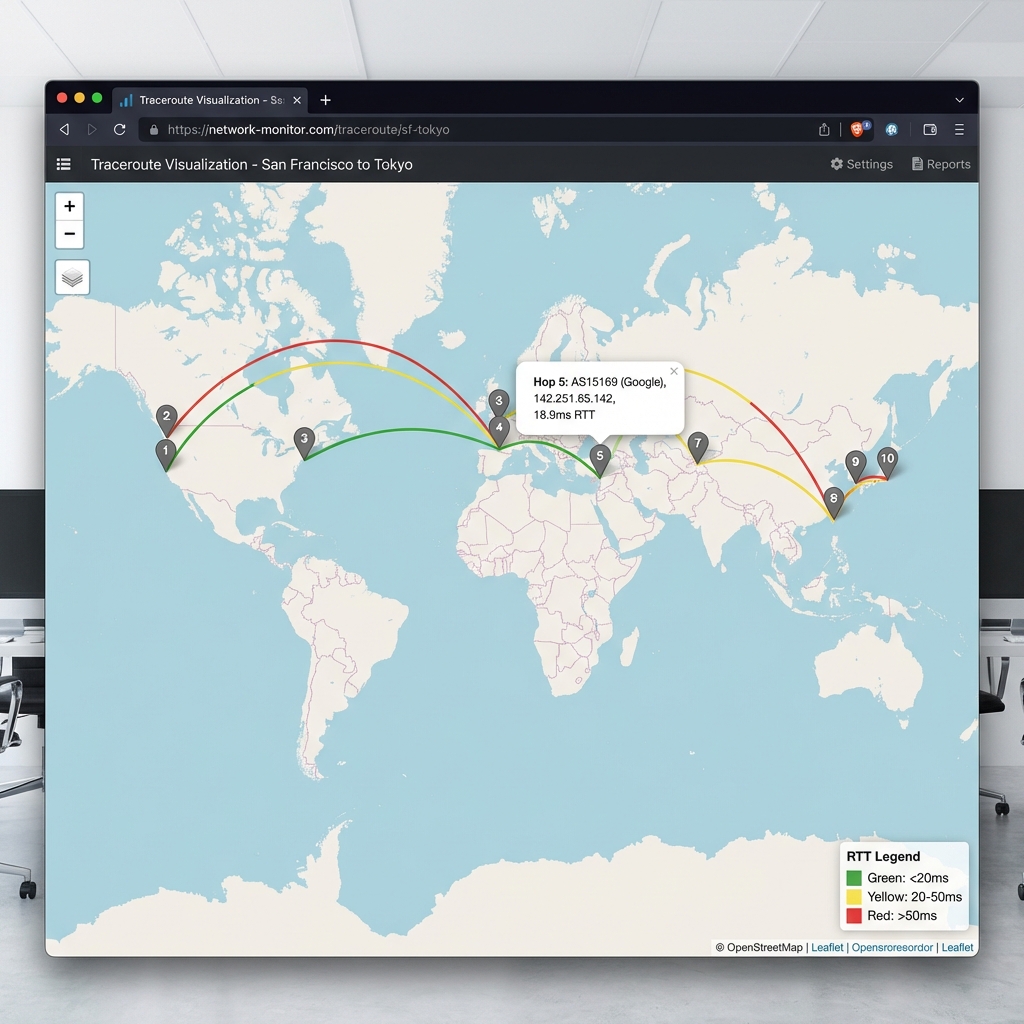 HTML Map - Interactive Leaflet.js with hop markers and RTT color coding