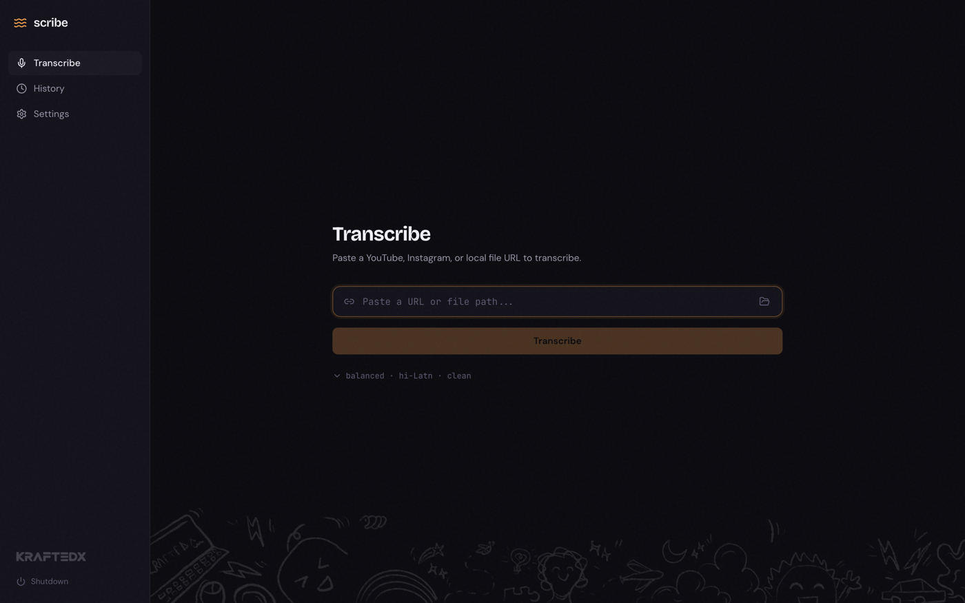 The anyscribe web UI — paste a URL, watch progress, browse your transcripts