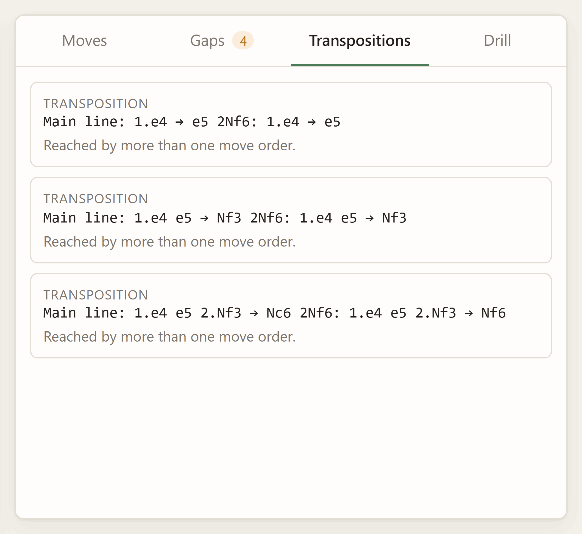 The Transpositions tab listing three positions each reached by more than one move order