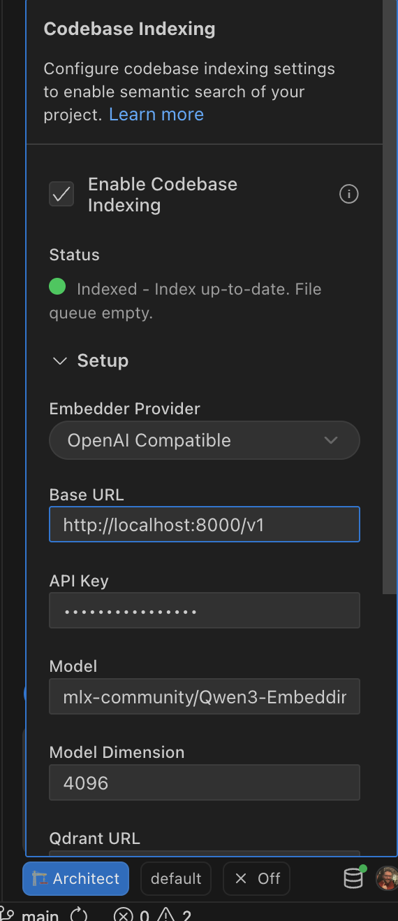 Roo Code codebase indexing configuration