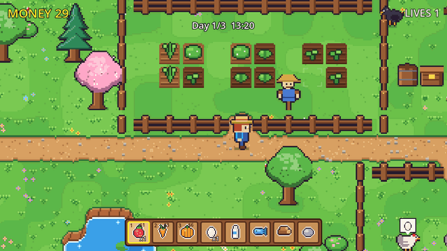 Sunny Farm: the farmer harvests, sells at the shipping bin and works the field