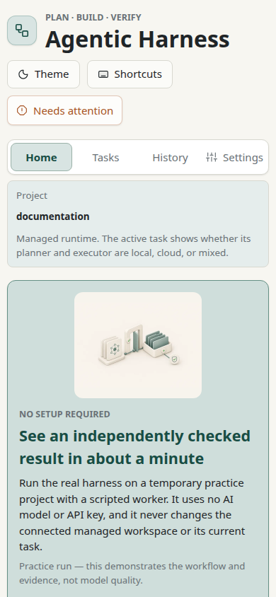 Agentic Harness mobile first-run screen