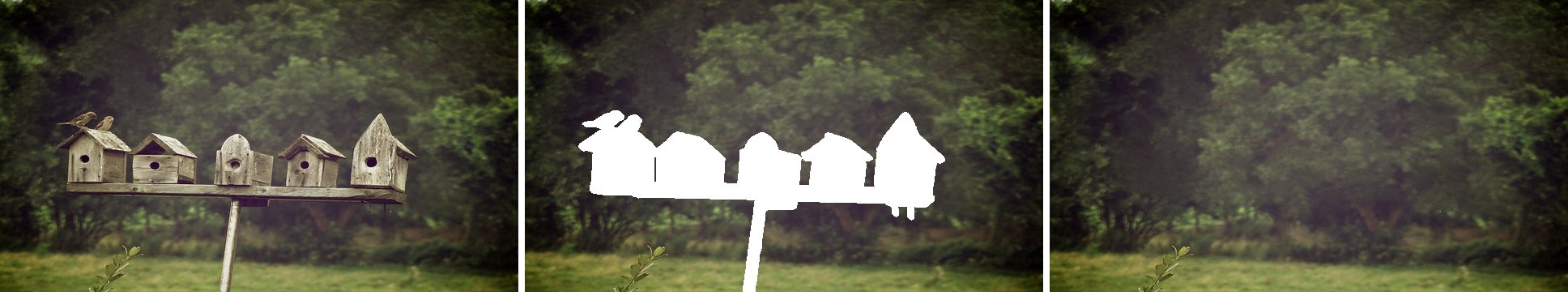 Birdhouses removed from a photo by patchmatch.inpaint