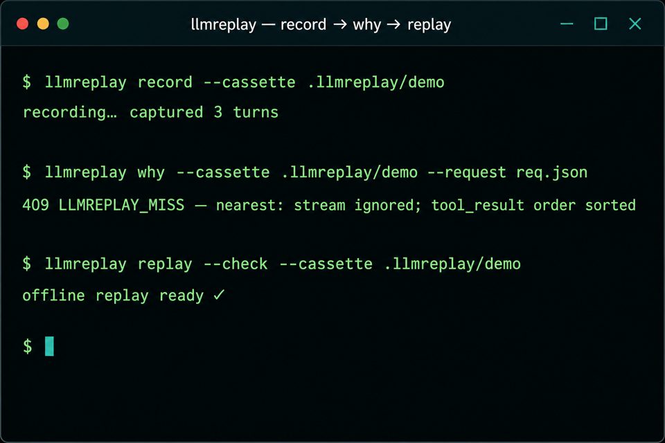 LLMReplay demo: record, why, replay