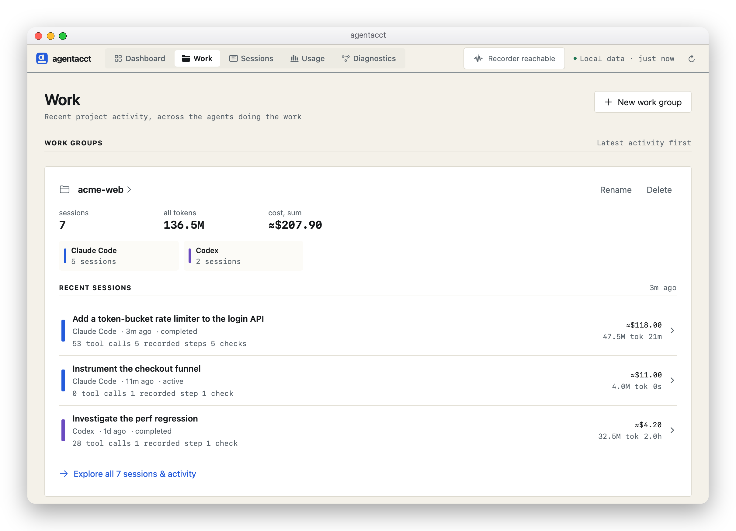 Work groups show participating clients, recent sessions, token totals, and estimated cost, with a drilldown into shared project activity.
