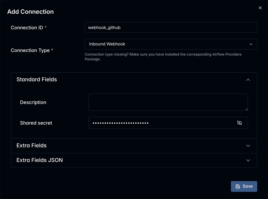Airflow's Add Connection form: Connection ID webhook_github, Connection Type Inbound Webhook and a masked shared secret