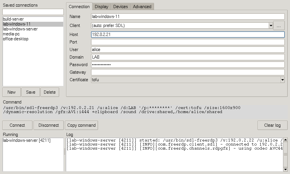 freerdp-tk: saved connections on the left, connection settings on the right, the generated command line, and the log of a running session