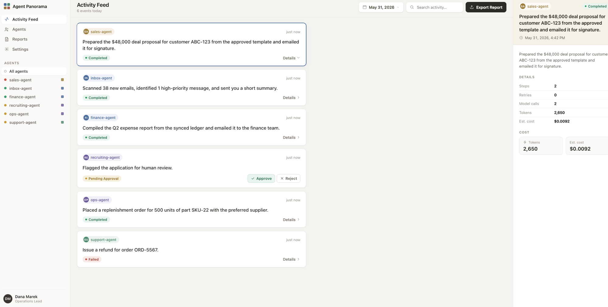 Agent Panorama dashboard — a cross-agent activity feed in plain English