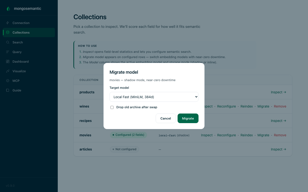 Migrate model — per-collection embedding-model swap with near-zero downtime; the old shadow is archived for rollback