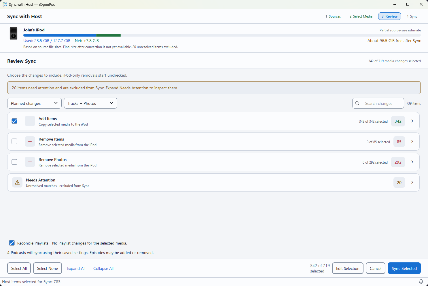 Sync Review with selected additions, unchecked removals, and items needing attention