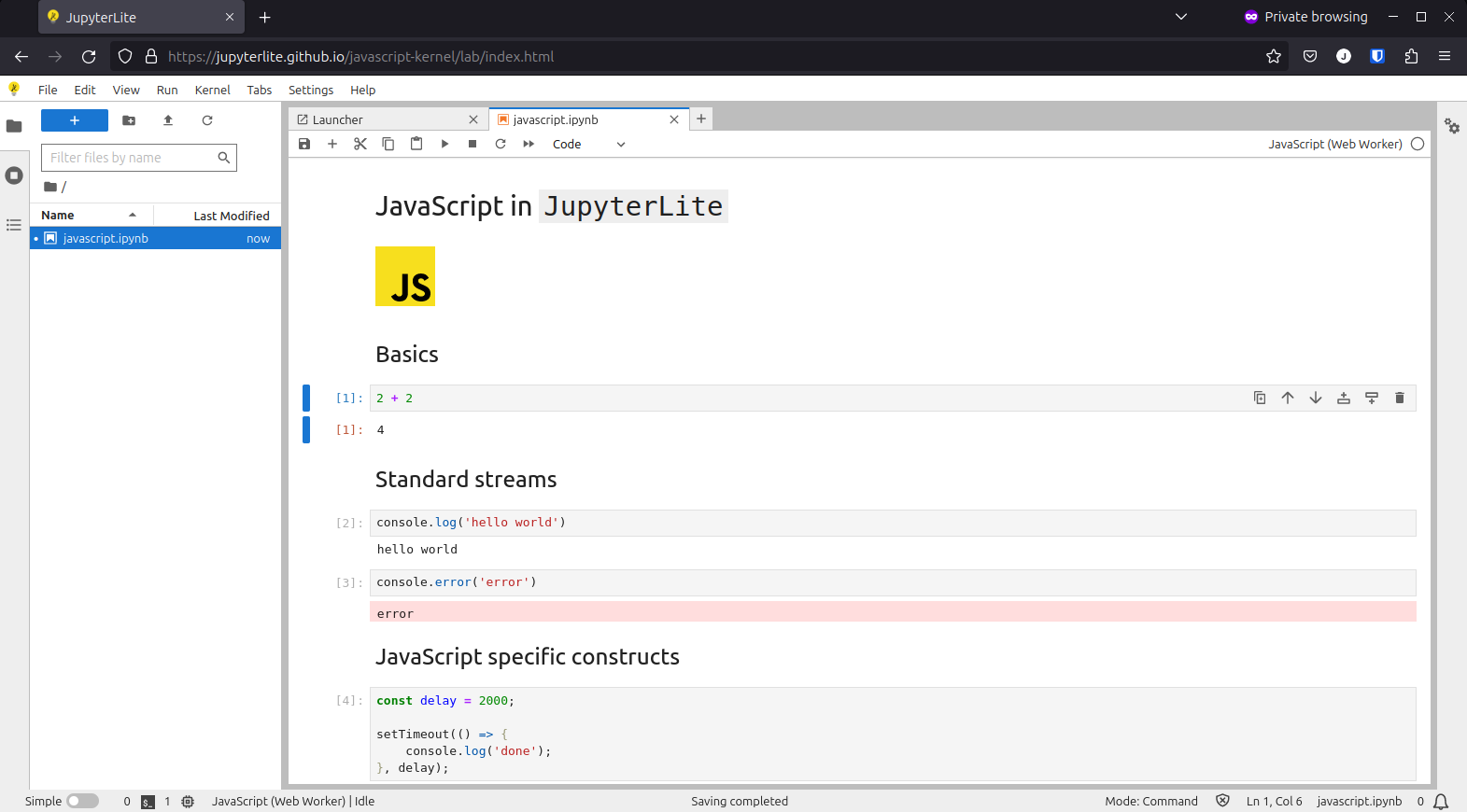 a screenshot showing a notebook with the JavaScript kernel in JupyterLite