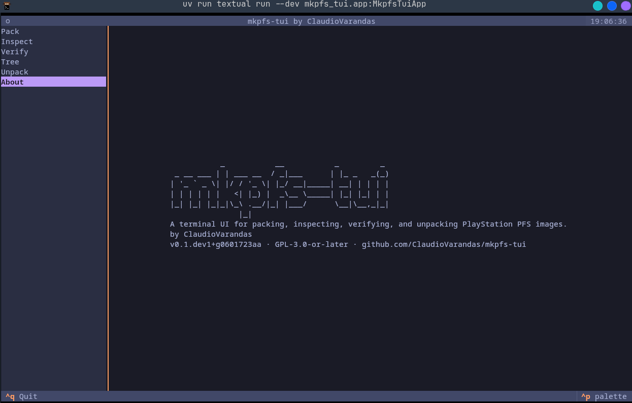 mkpfs-tui — the About / welcome screen