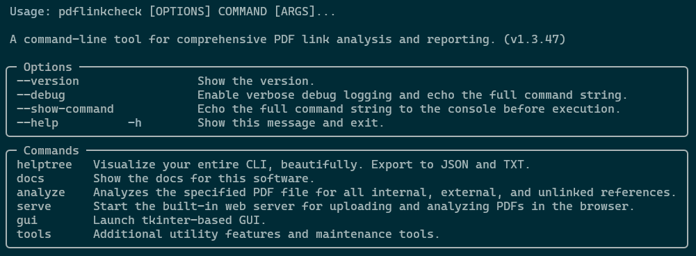 Screenshot of the pdflinkcheck CLI Tree Help