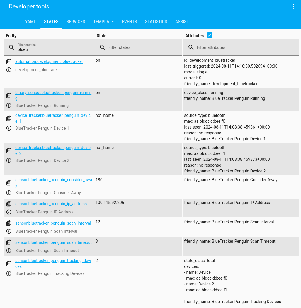 BlueTracker device attributes example