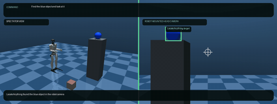 Unitree G1 simulation locating a blue object and centering its robot-mounted camera