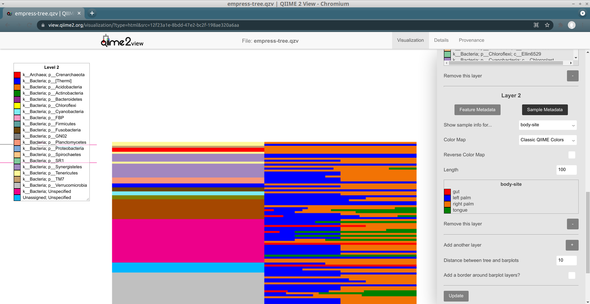empress barplots: zoomed in on barplots: class coloring layer 1, bodysite layer 2