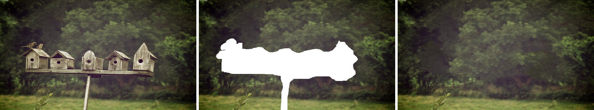 Birdhouses removed from a photo by patchmatch.inpaint