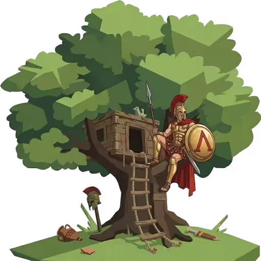 tree sitter Delphi logo - a hoplite/spartan warrior sitting in a tree next to a treehouse