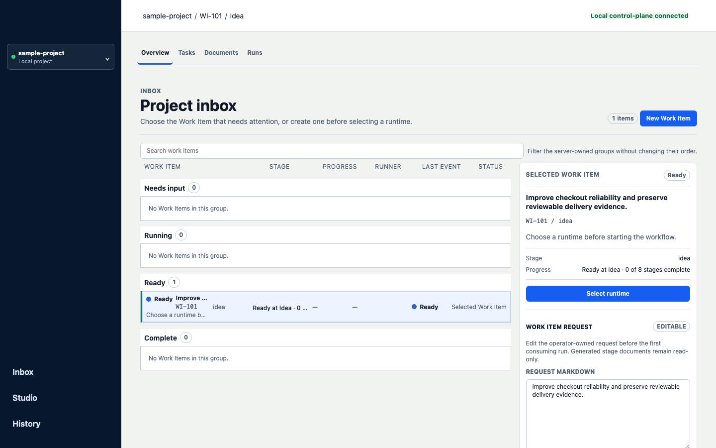 AIDD project inbox showing work items and their next actions