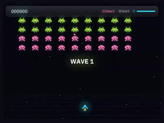 Neon Invaders: a ship shooting at waves of aliens