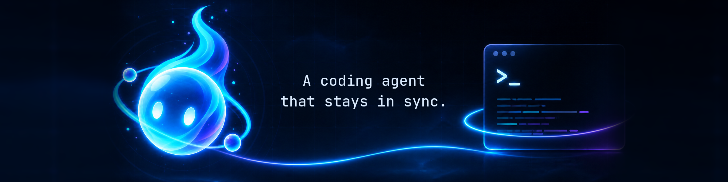 Wisp — A coding agent that stays in sync, illustrated by a glowing spectral companion linked to a terminal.