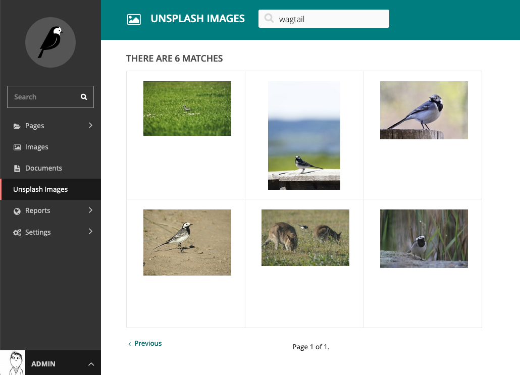 Screenshot showing wagtail-unsplash search results