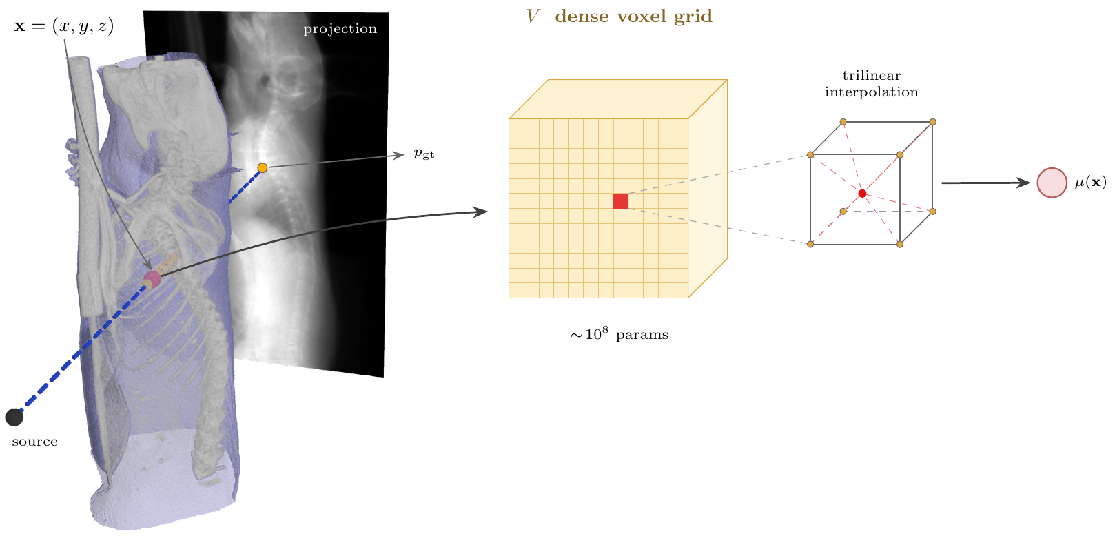 Cone-beam reconstruction: a ray from the source through the volume to a detector pixel