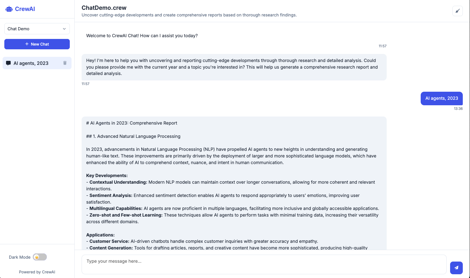 CrewAI Chat UI Screenshot light mode