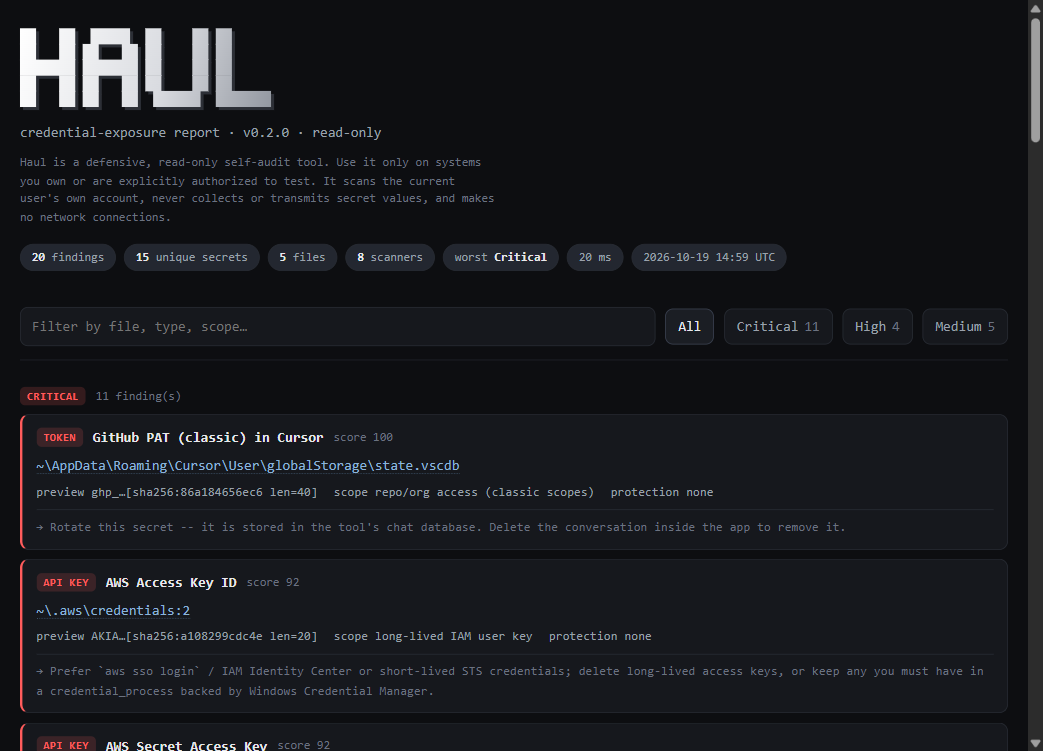 Haul HTML report with search and severity filters
