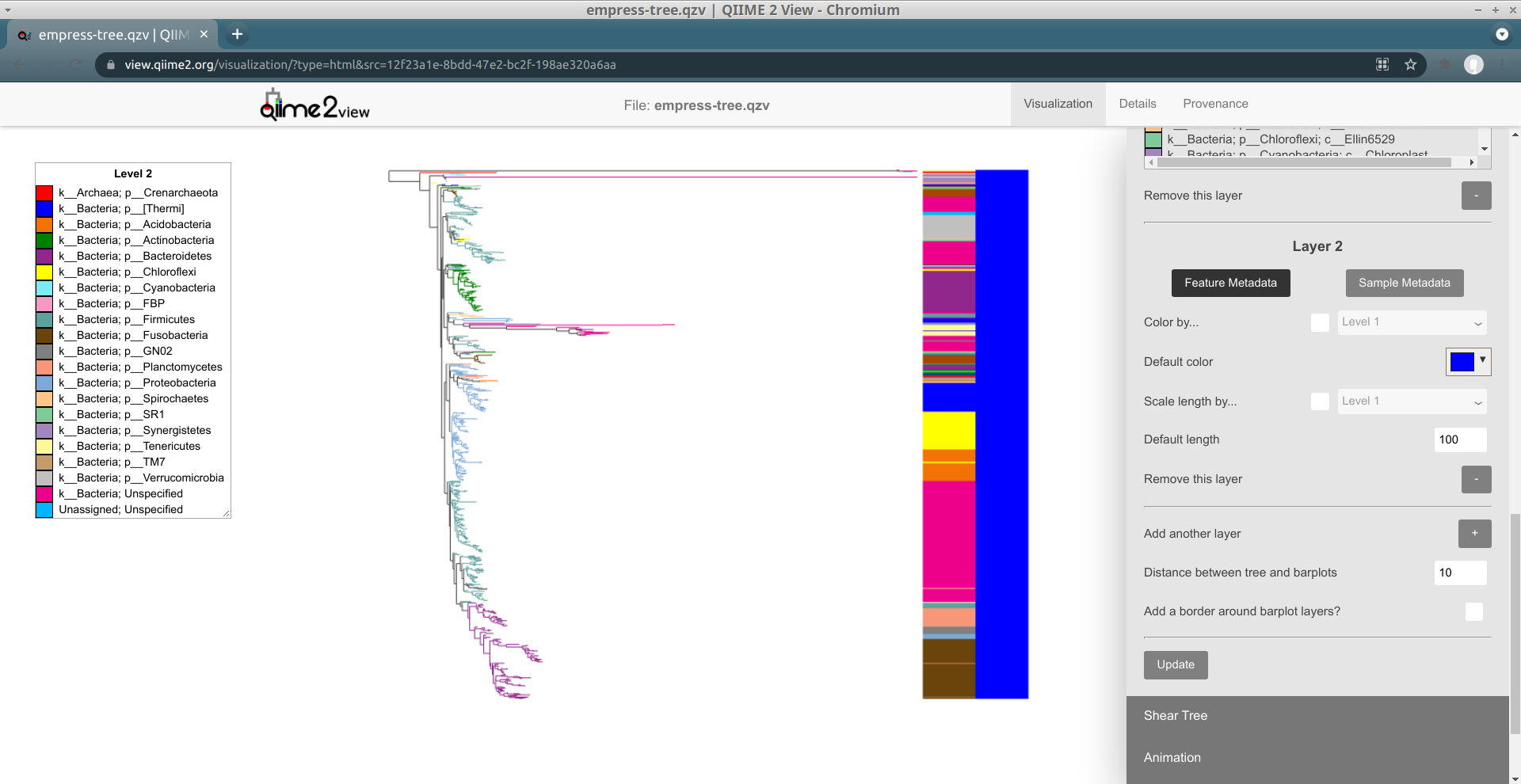 empress barplots: class coloring layer 1, empty layer 2, and tree phylum coloring