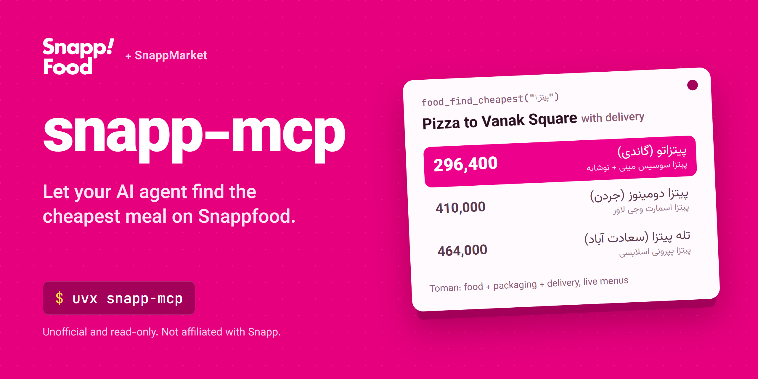 snapp-mcp: unofficial Snappfood and SnappMarket MCP server for Claude, Cursor and Copilot