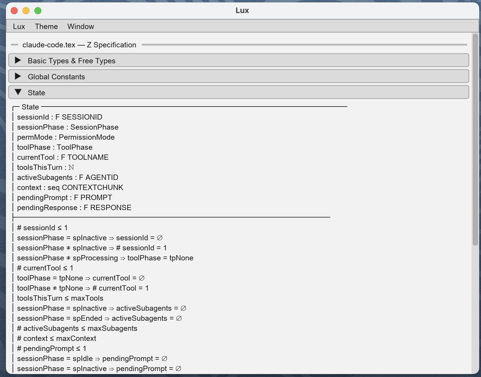 Z Spec model-check results displayed in Lux