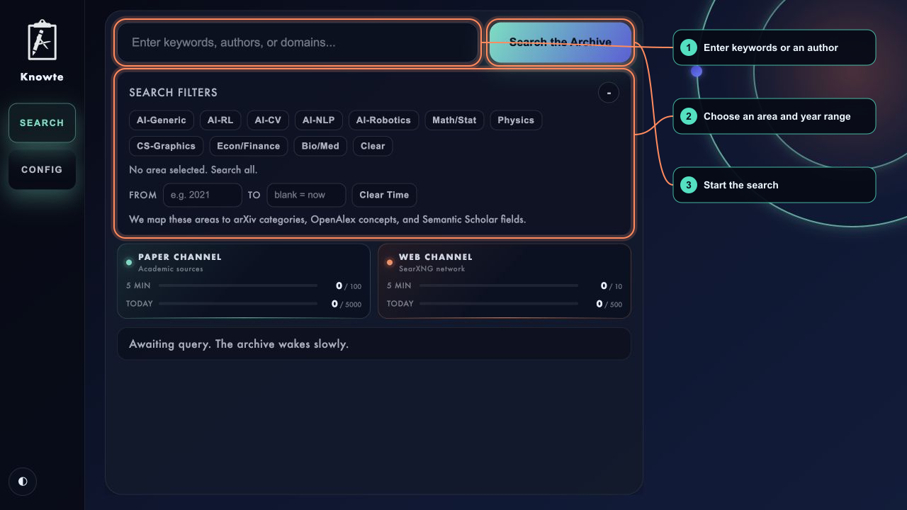 Knowte search interface guide
