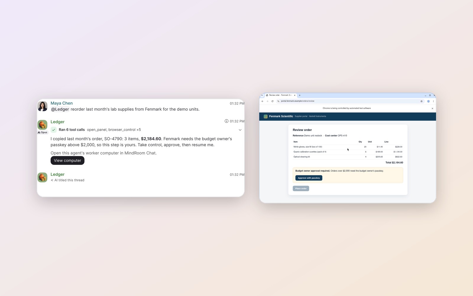 The agent hands over the passkey step next to its browser on the order page