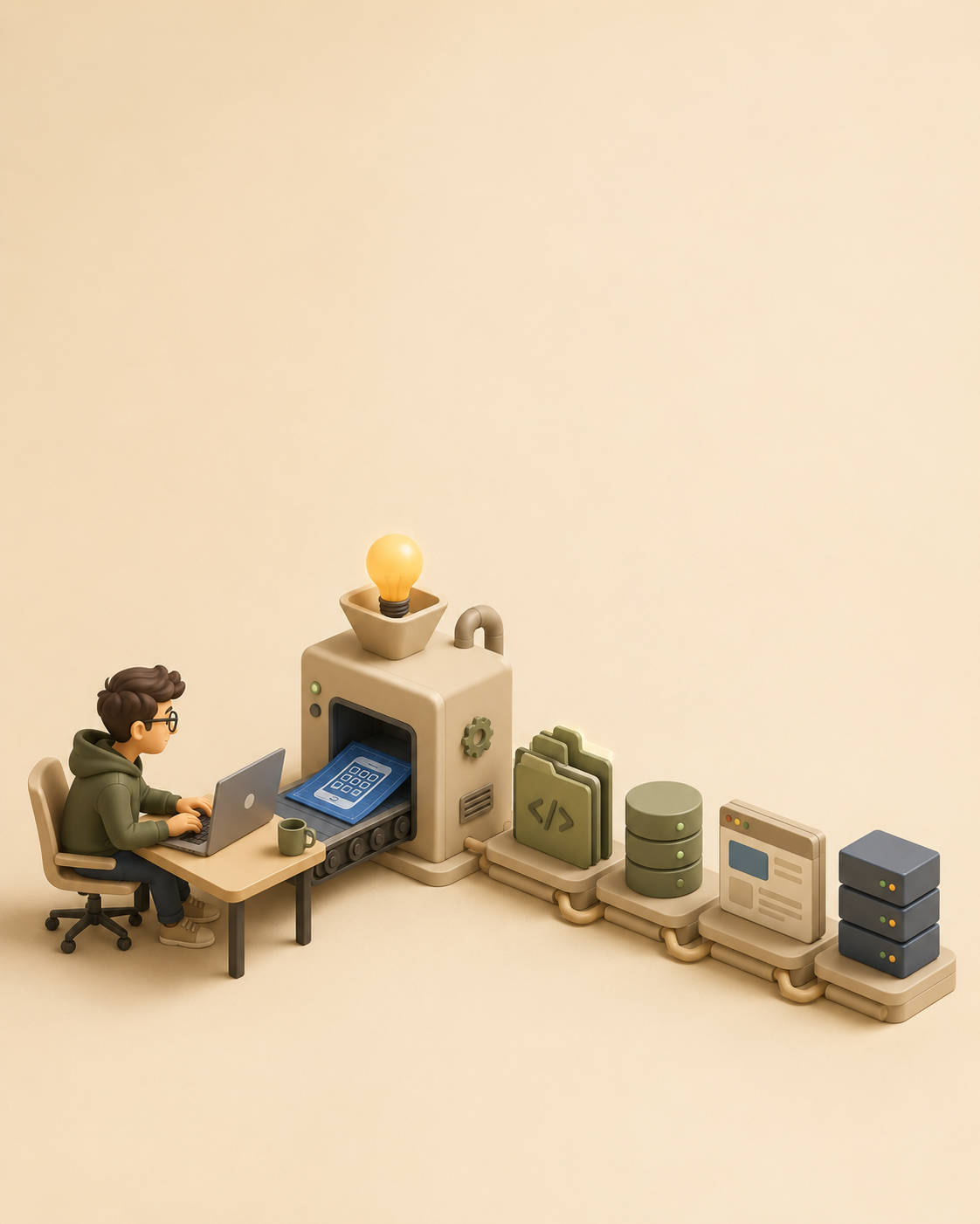 Developer sends an application blueprint through a small factory into code, data, interface, and server components.