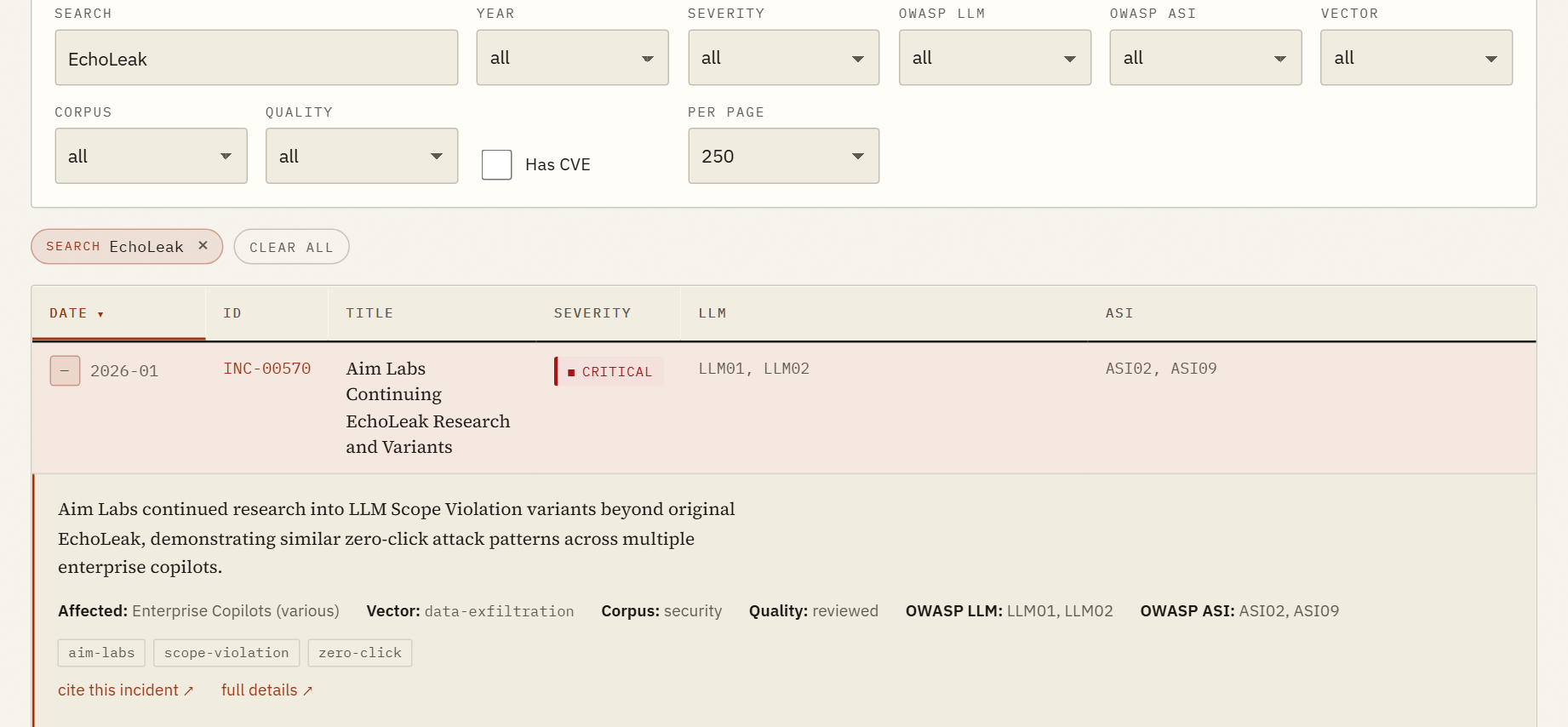 The searchable website: a search for EchoLeak with one entry expanded, showing its description, attack vector, quality tier, OWASP LLM and ASI codes, tags, and cite link
