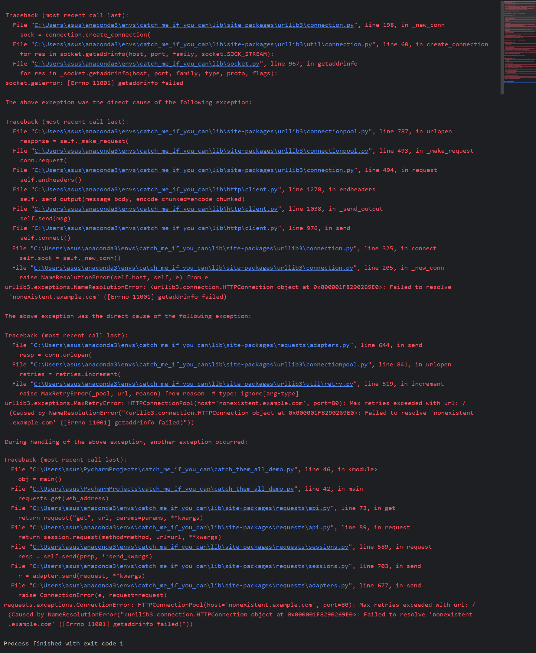 Default Python traceback showing full requests exception chain