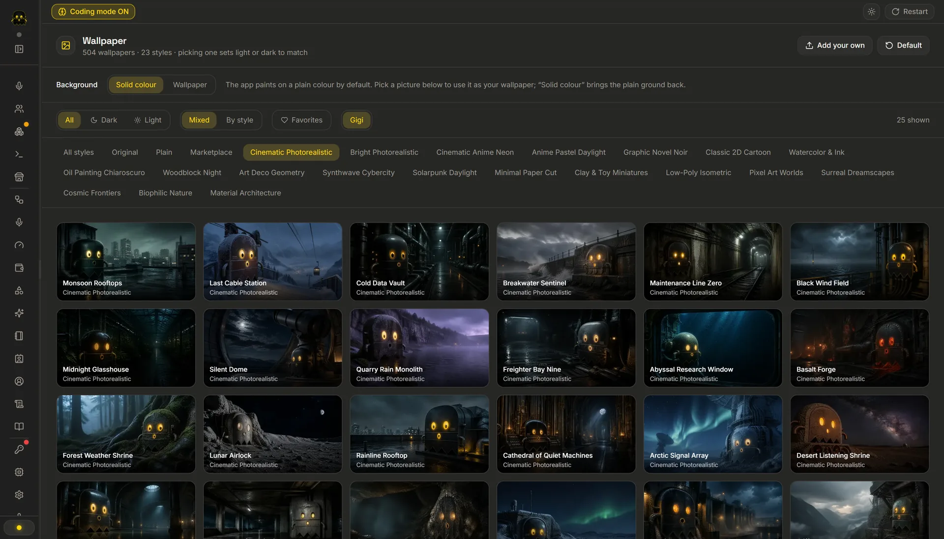 The wallpaper gallery filtered to one art style, with every style listed above the grid