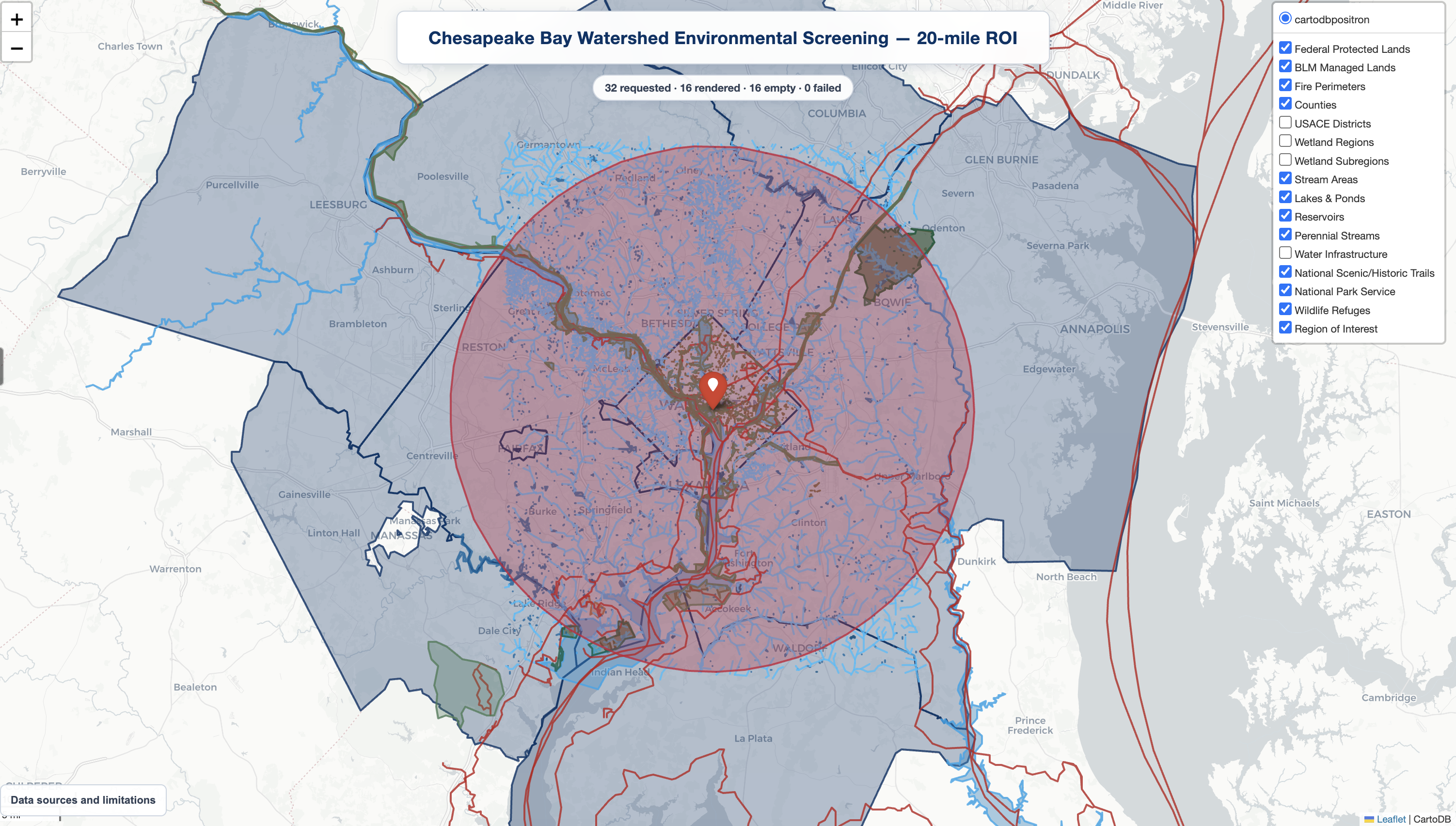 Interactive Map Composer view of a 20-mile Chesapeake Bay watershed project area with 12 overlays visible