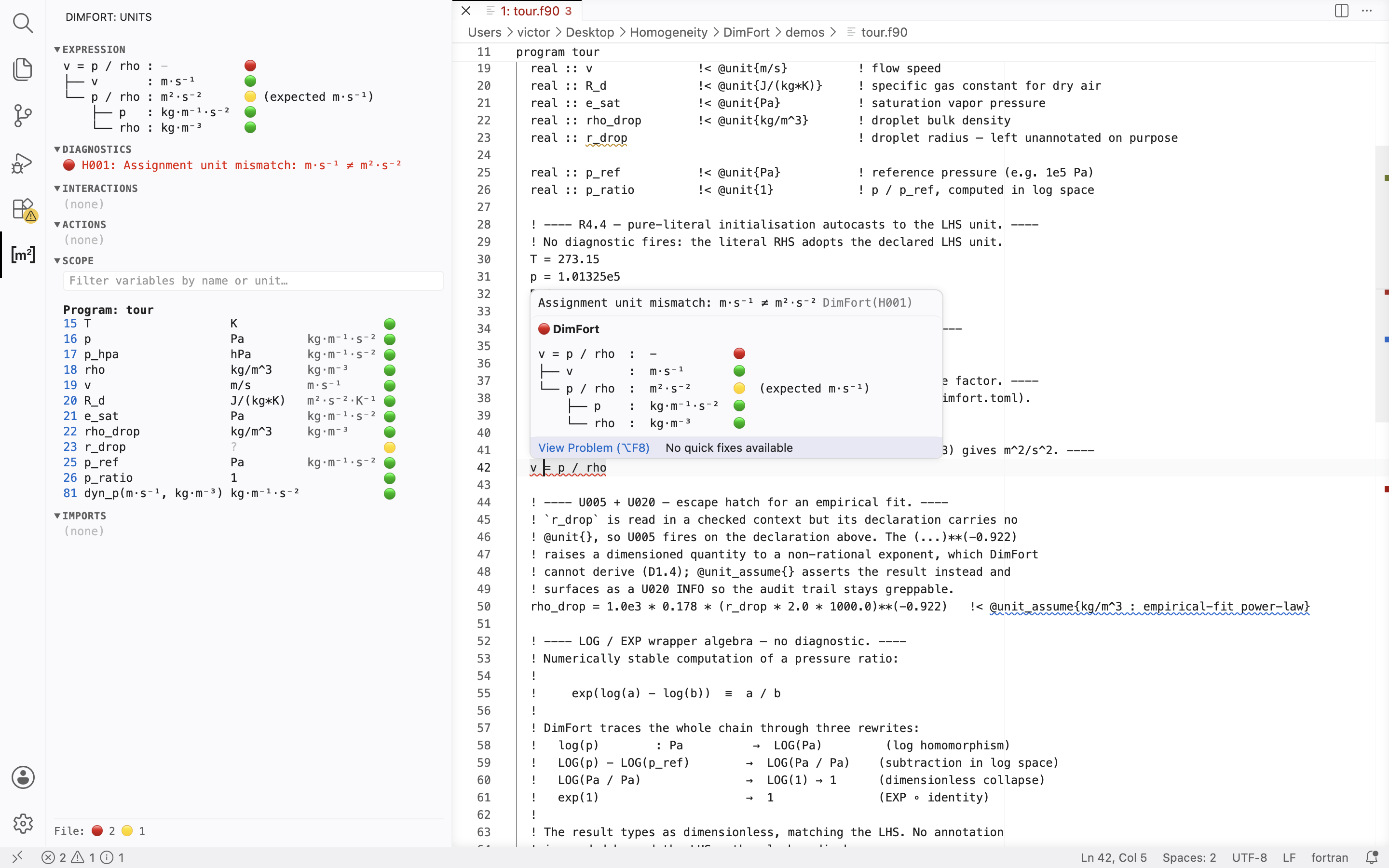 Detailed expression hover showing a homogeneity violation propagating up the unit-algebra tree