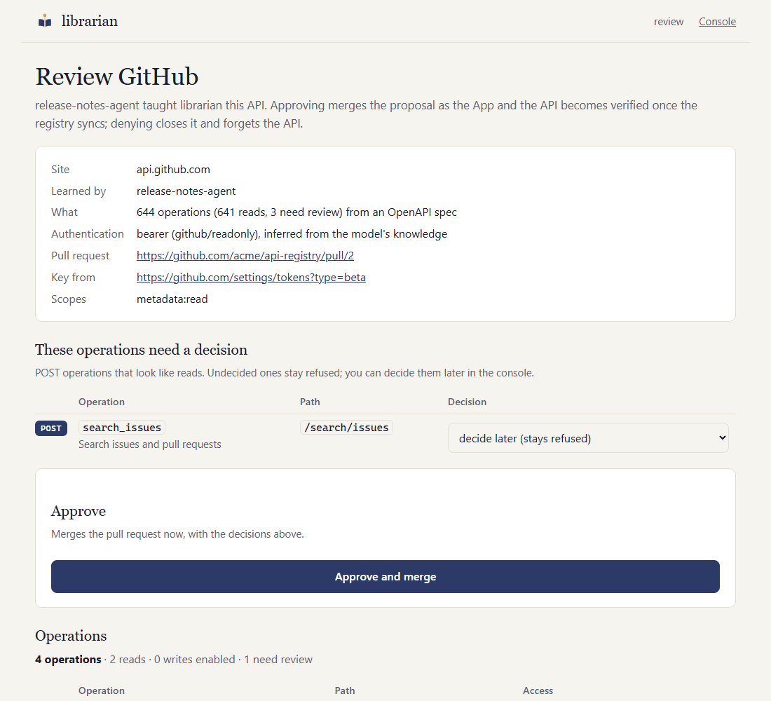 The review page for a learned API: the proposal, operations that need a decision, approve and merge, or deny