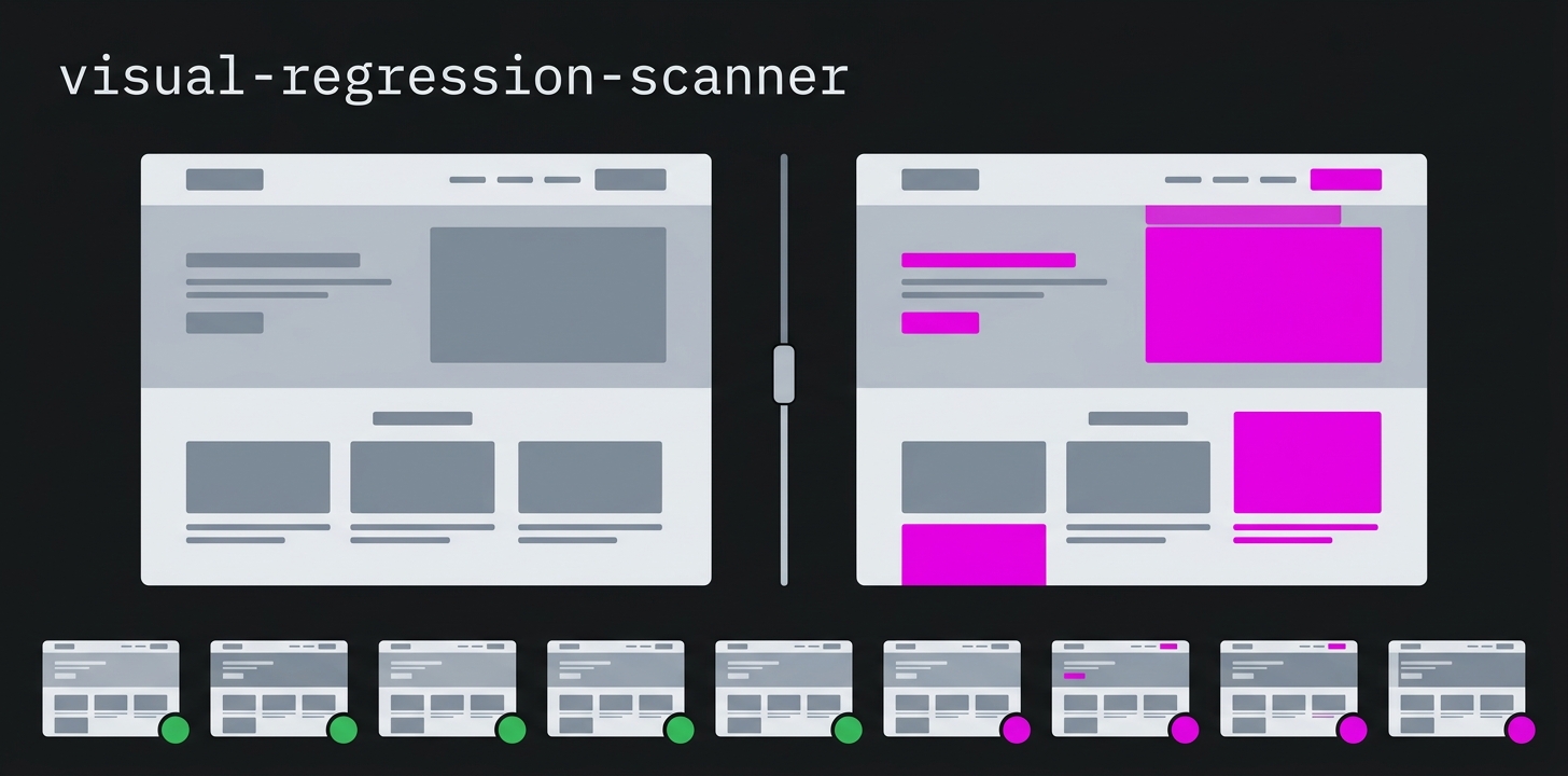 visual-regression-scanner - two screenshots compared, differences highlighted in magenta