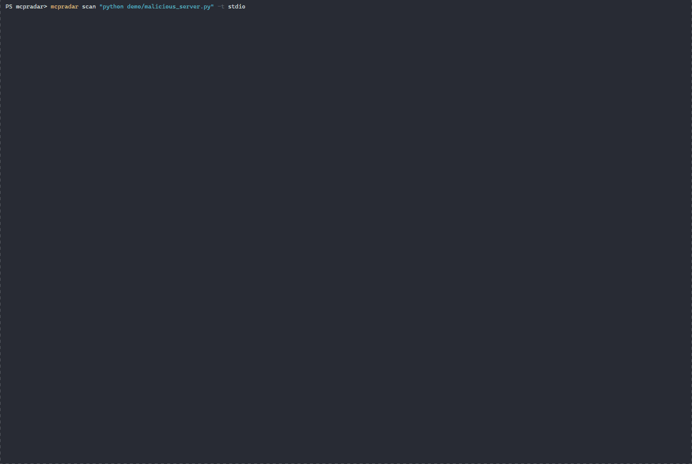 MCPRadar scanning a vulnerable MCP server