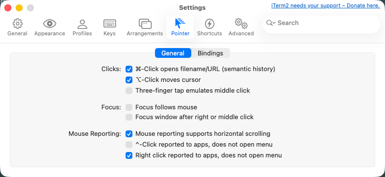 iTerm2 Pointer settings with “Right click reported to apps, does not open menu” enabled